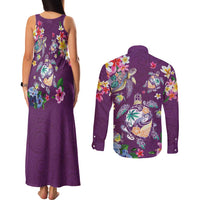 Hawaiian Turtles and Tropical Plants Couples Matching Tank Maxi Dress and Long Sleeve Button Shirt Purple Watercolor LT03 - Polynesian Pride