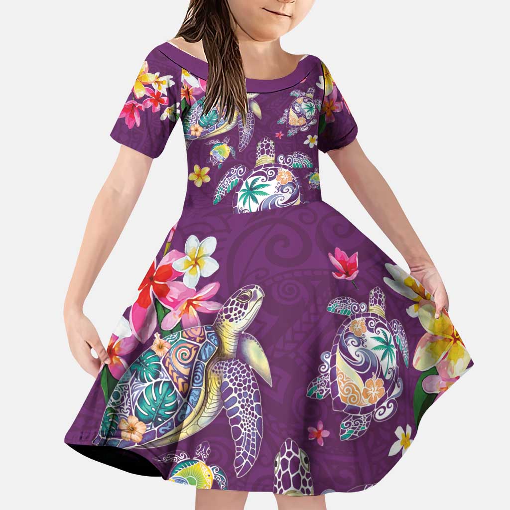 Hawaiian Turtles and Tropical Plants Family Matching Long Sleeve Bodycon Dress and Hawaiian Shirt Purple Watercolor LT03 Daughter's Dress Purple - Polynesian Pride
