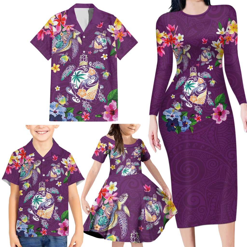 Hawaiian Turtles and Tropical Plants Family Matching Long Sleeve Bodycon Dress and Hawaiian Shirt Purple Watercolor LT03 - Polynesian Pride