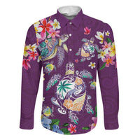 Hawaiian Turtles and Tropical Plants Family Matching Long Sleeve Bodycon Dress and Hawaiian Shirt Purple Watercolor LT03 Dad's Shirt - Long Sleeve Purple - Polynesian Pride