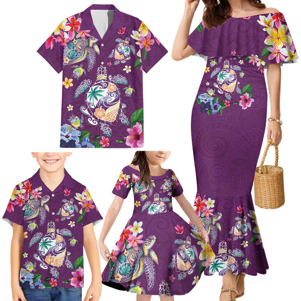 Hawaiian Turtles and Tropical Plants Family Matching Mermaid Dress and Hawaiian Shirt Purple Watercolor LT03 - Polynesian Pride
