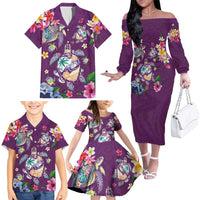 Hawaiian Turtles and Tropical Plants Family Matching Off The Shoulder Long Sleeve Dress and Hawaiian Shirt Purple Watercolor LT03 - Polynesian Pride