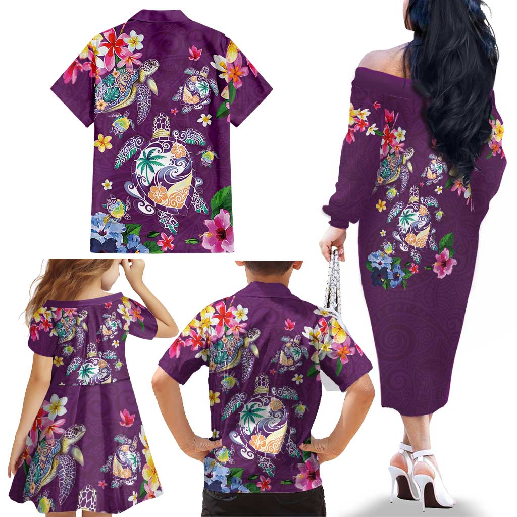 Hawaiian Turtles and Tropical Plants Family Matching Off The Shoulder Long Sleeve Dress and Hawaiian Shirt Purple Watercolor LT03 - Polynesian Pride