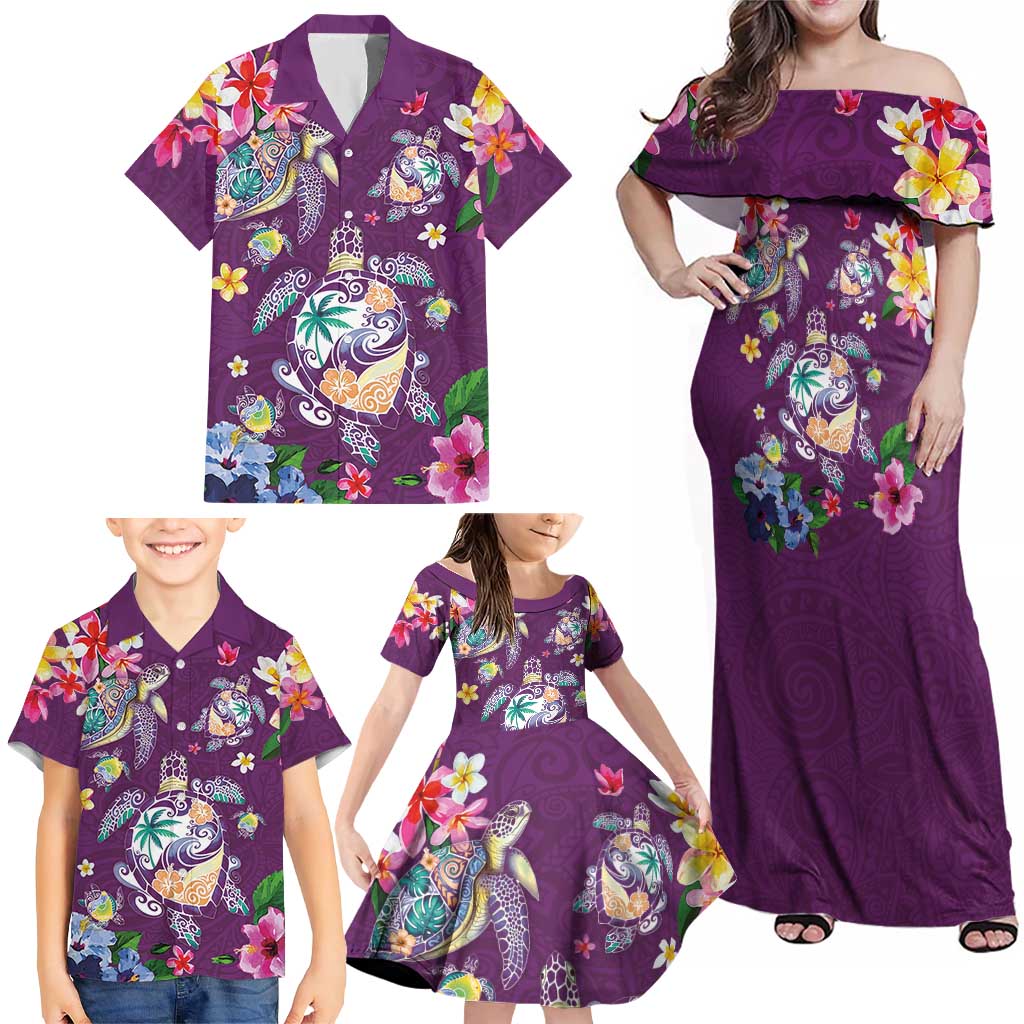 Hawaiian Turtles and Tropical Plants Family Matching Off Shoulder Maxi Dress and Hawaiian Shirt Purple Watercolor
