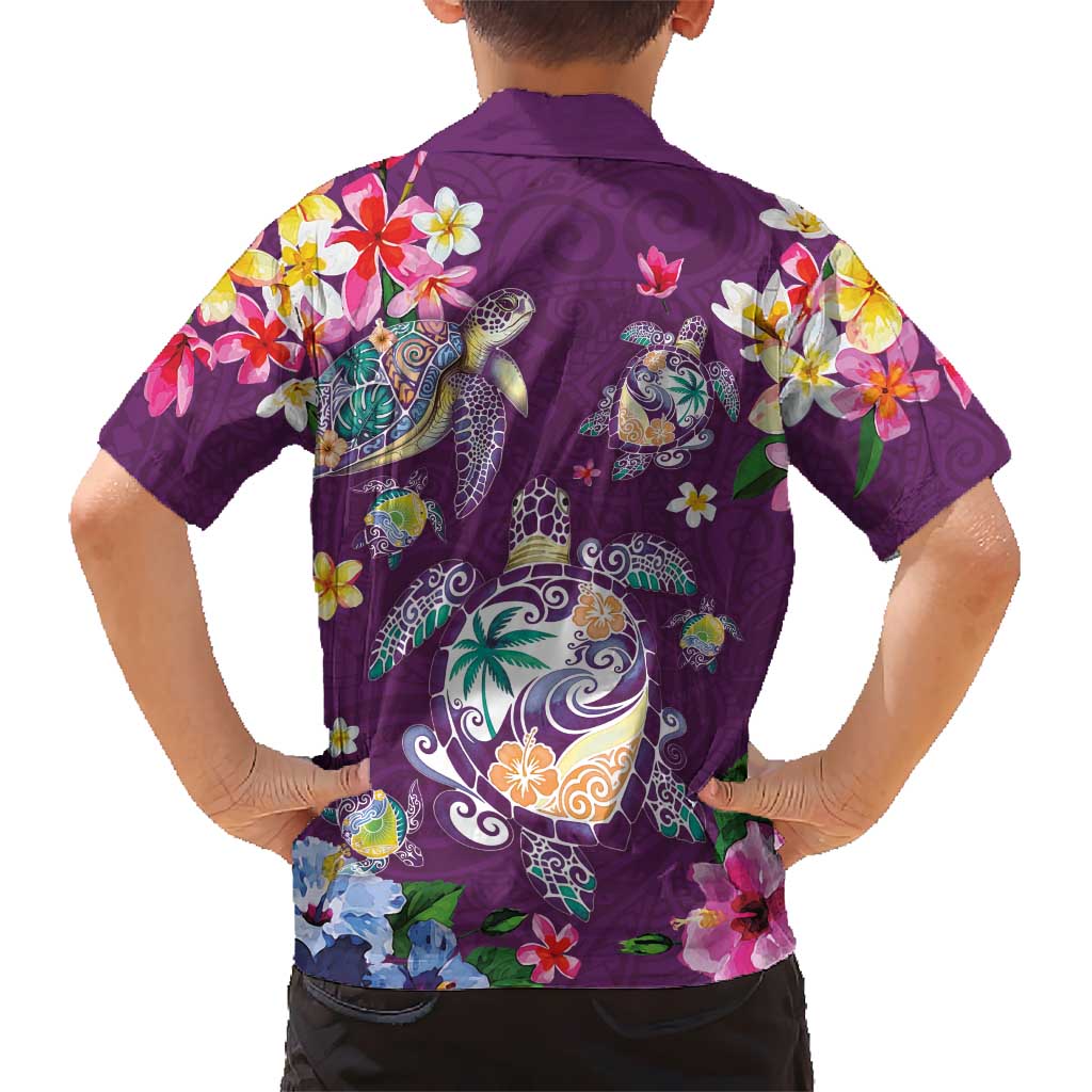 Hawaiian Turtles and Tropical Plants Family Matching Off Shoulder Short Dress and Hawaiian Shirt Purple Watercolor LT03 - Polynesian Pride