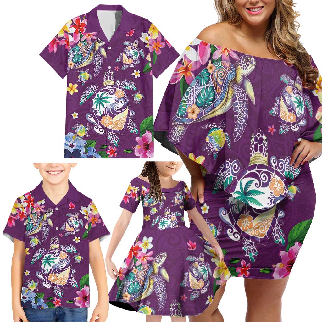 Hawaiian Turtles and Tropical Plants Family Matching Off Shoulder Short Dress and Hawaiian Shirt Purple Watercolor LT03 - Polynesian Pride