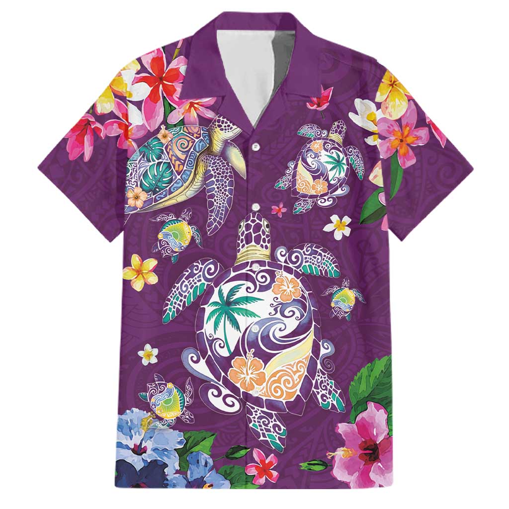 Hawaiian Turtles and Tropical Plants Family Matching Off Shoulder Short Dress and Hawaiian Shirt Purple Watercolor LT03 Dad's Shirt - Short Sleeve Purple - Polynesian Pride