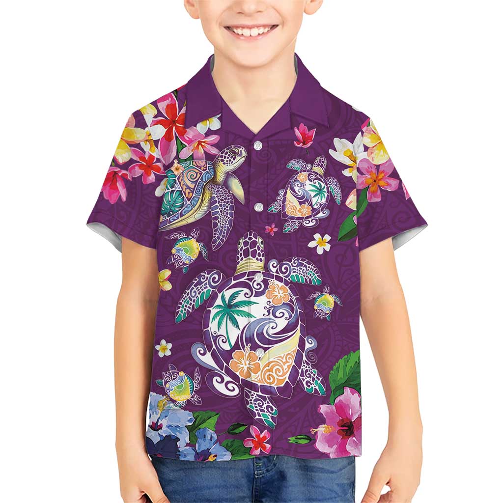 Hawaiian Turtles and Tropical Plants Family Matching Off Shoulder Short Dress and Hawaiian Shirt Purple Watercolor LT03 Son's Shirt Purple - Polynesian Pride