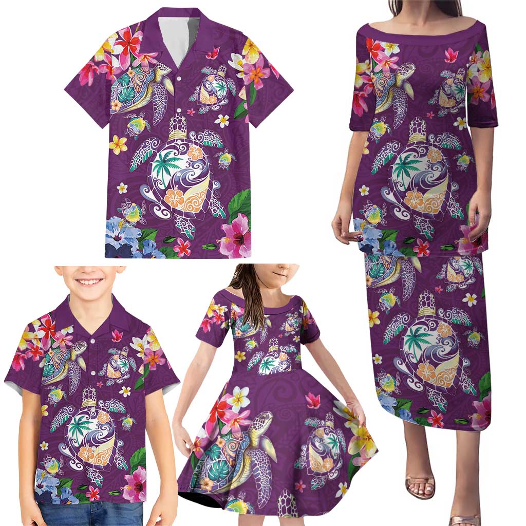 Hawaiian Turtles and Tropical Plants Family Matching Puletasi and Hawaiian Shirt Purple Watercolor LT03 - Polynesian Pride