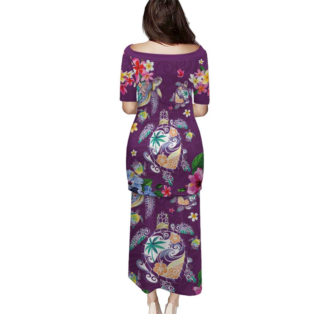 Hawaiian Turtles and Tropical Plants Family Matching Puletasi and Hawaiian Shirt Purple Watercolor LT03 - Polynesian Pride