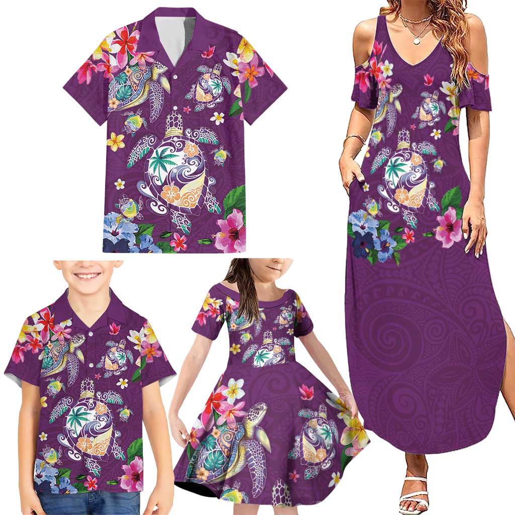 Hawaiian Turtles and Tropical Plants Family Matching Summer Maxi Dress and Hawaiian Shirt Purple Watercolor LT03 - Polynesian Pride