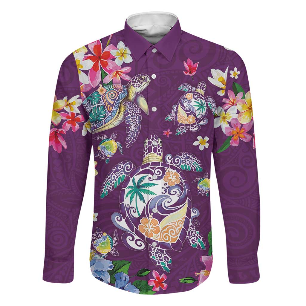 Hawaiian Turtles and Tropical Plants Family Matching Summer Maxi Dress and Hawaiian Shirt Purple Watercolor LT03 Dad's Shirt - Long Sleeve Purple - Polynesian Pride