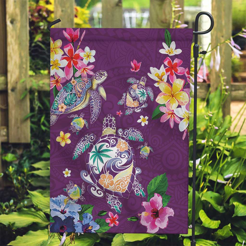 Hawaiian Turtles and Tropical Plants Garden Flag Purple Watercolor