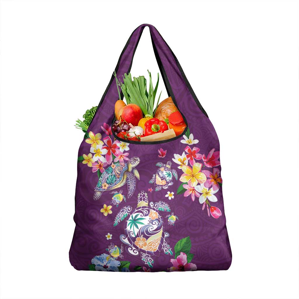 Hawaiian Turtles and Tropical Plants Grocery Bag Purple Watercolor