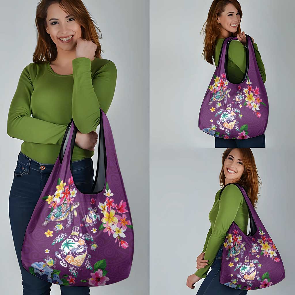 Hawaiian Turtles and Tropical Plants Grocery Bag Purple Watercolor