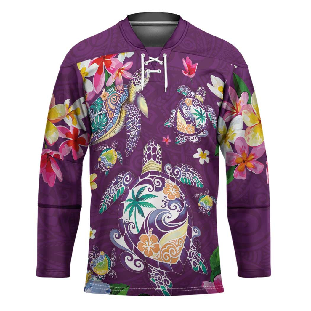 Hawaiian Turtles and Tropical Plants Hockey Jersey Purple Watercolor