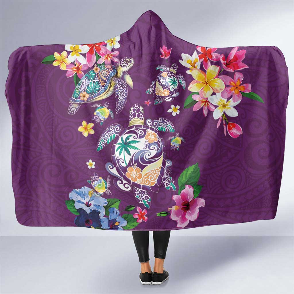 Hawaiian Turtles and Tropical Plants Hooded Blanket Purple Watercolor