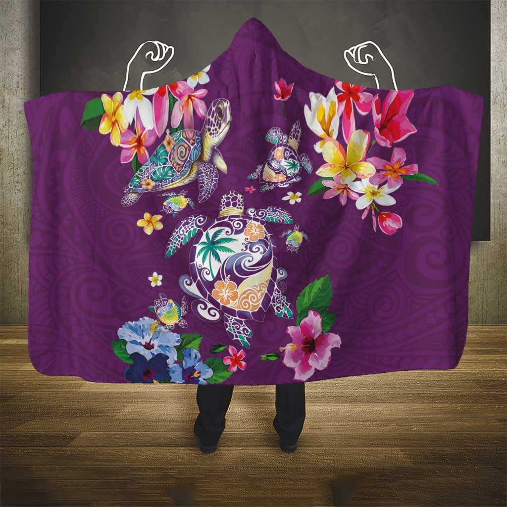 Hawaiian Turtles and Tropical Plants Hooded Blanket Purple Watercolor
