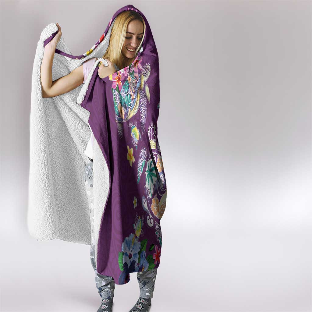 Hawaiian Turtles and Tropical Plants Hooded Blanket Purple Watercolor