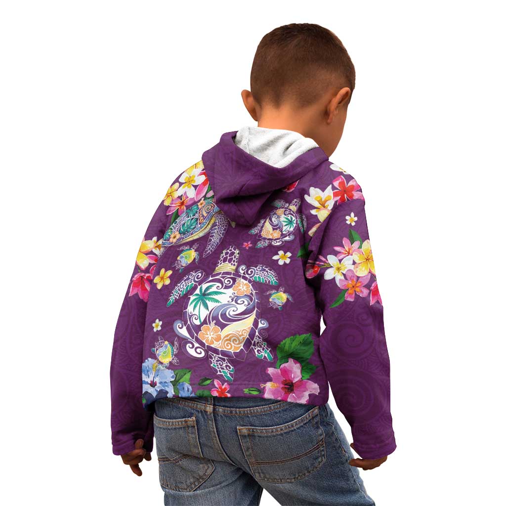 Hawaiian Turtles and Tropical Plants Kid Hoodie Purple Watercolor