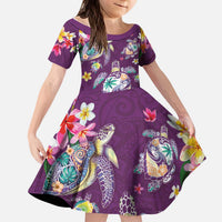 Hawaiian Turtles and Tropical Plants Kid Short Sleeve Dress Purple Watercolor