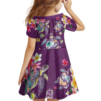 Hawaiian Turtles and Tropical Plants Kid Short Sleeve Dress Purple Watercolor