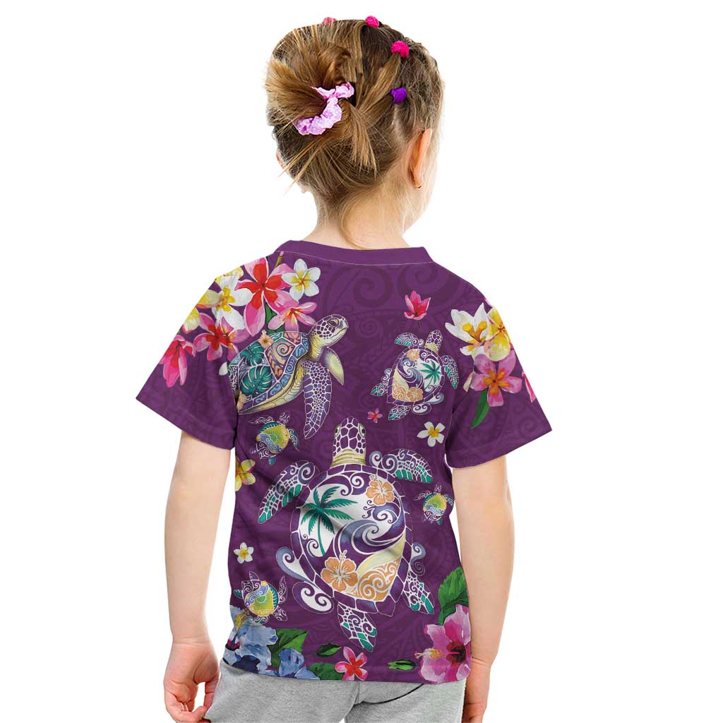 Hawaiian Turtles and Tropical Plants Kid T Shirt Purple Watercolor