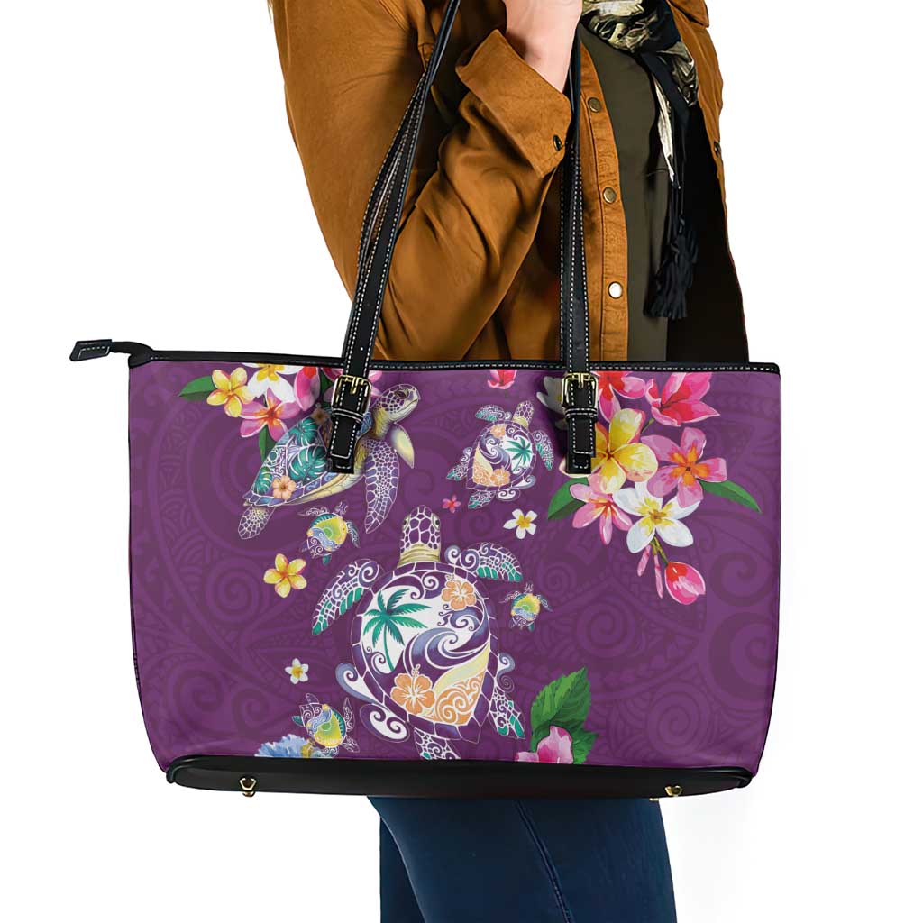 Hawaiian Turtles and Tropical Plants Leather Tote Bag Purple Watercolor