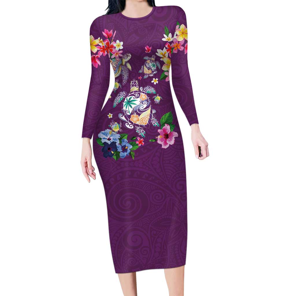 Hawaiian Turtles and Tropical Plants Long Sleeve Bodycon Dress Purple Watercolor