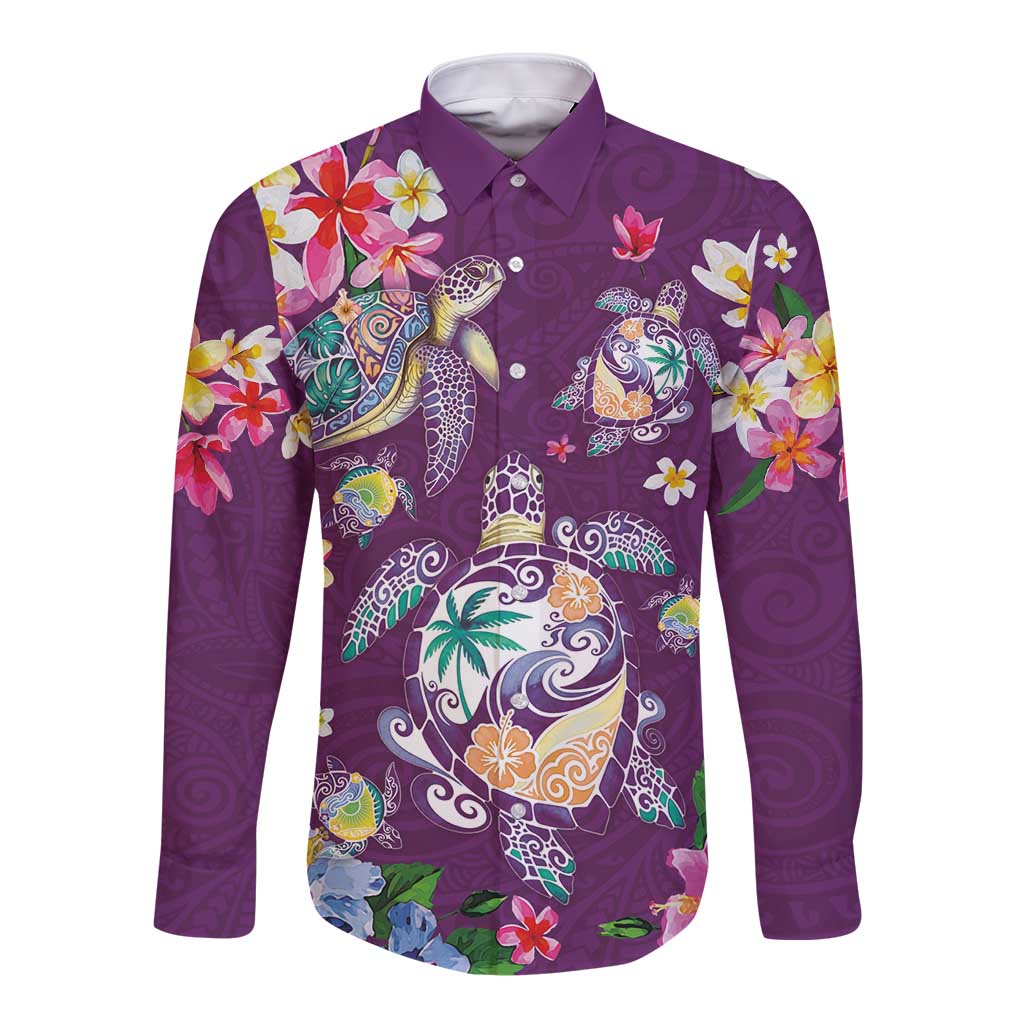 Hawaiian Turtles and Tropical Plants Long Sleeve Button Shirt Purple Watercolor