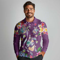 Hawaiian Turtles and Tropical Plants Long Sleeve Polo Shirt Purple Watercolor