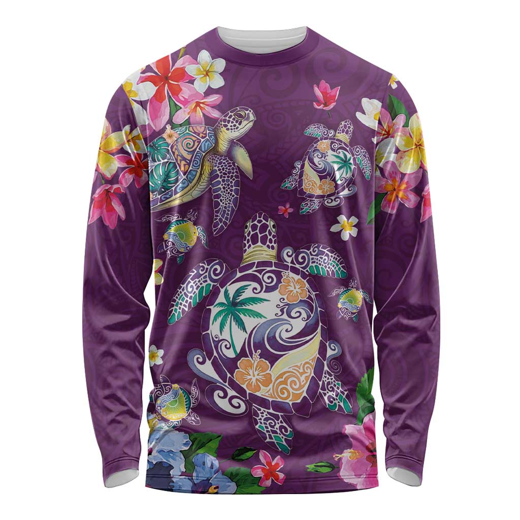Hawaiian Turtles and Tropical Plants Long Sleeve Shirt Purple Watercolor LT03 Unisex Purple - Polynesian Pride