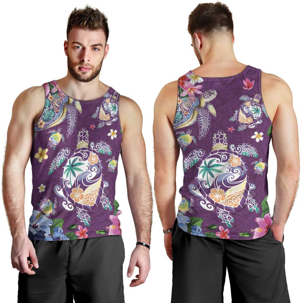 Hawaiian Turtles and Tropical Plants Men Tank Top Purple Watercolor