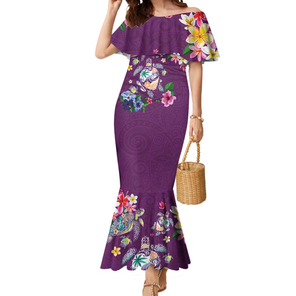 Hawaiian Turtles and Tropical Plants Mermaid Dress Purple Watercolor