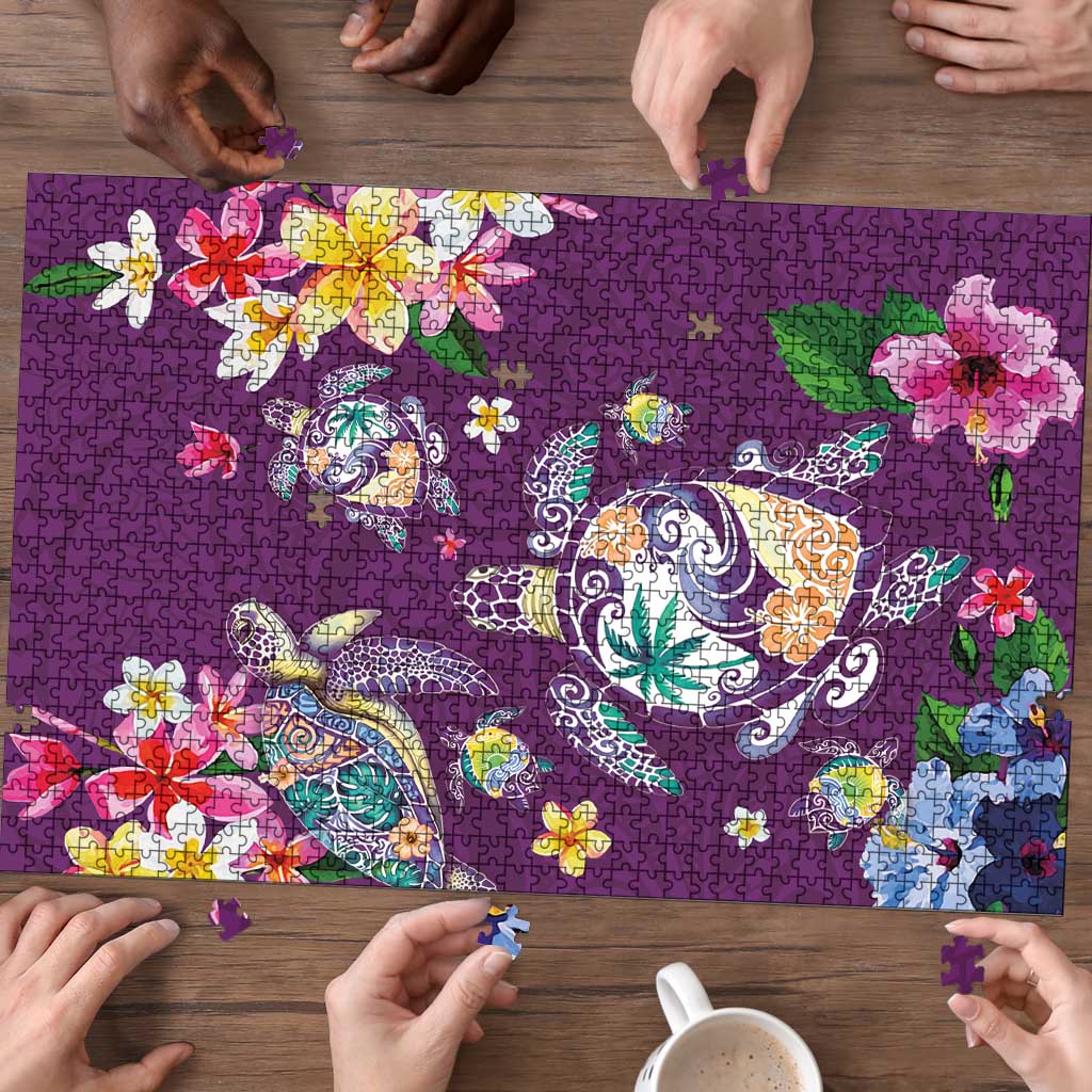 Hawaiian Turtles and Tropical Plants Puzzle Purple Watercolor