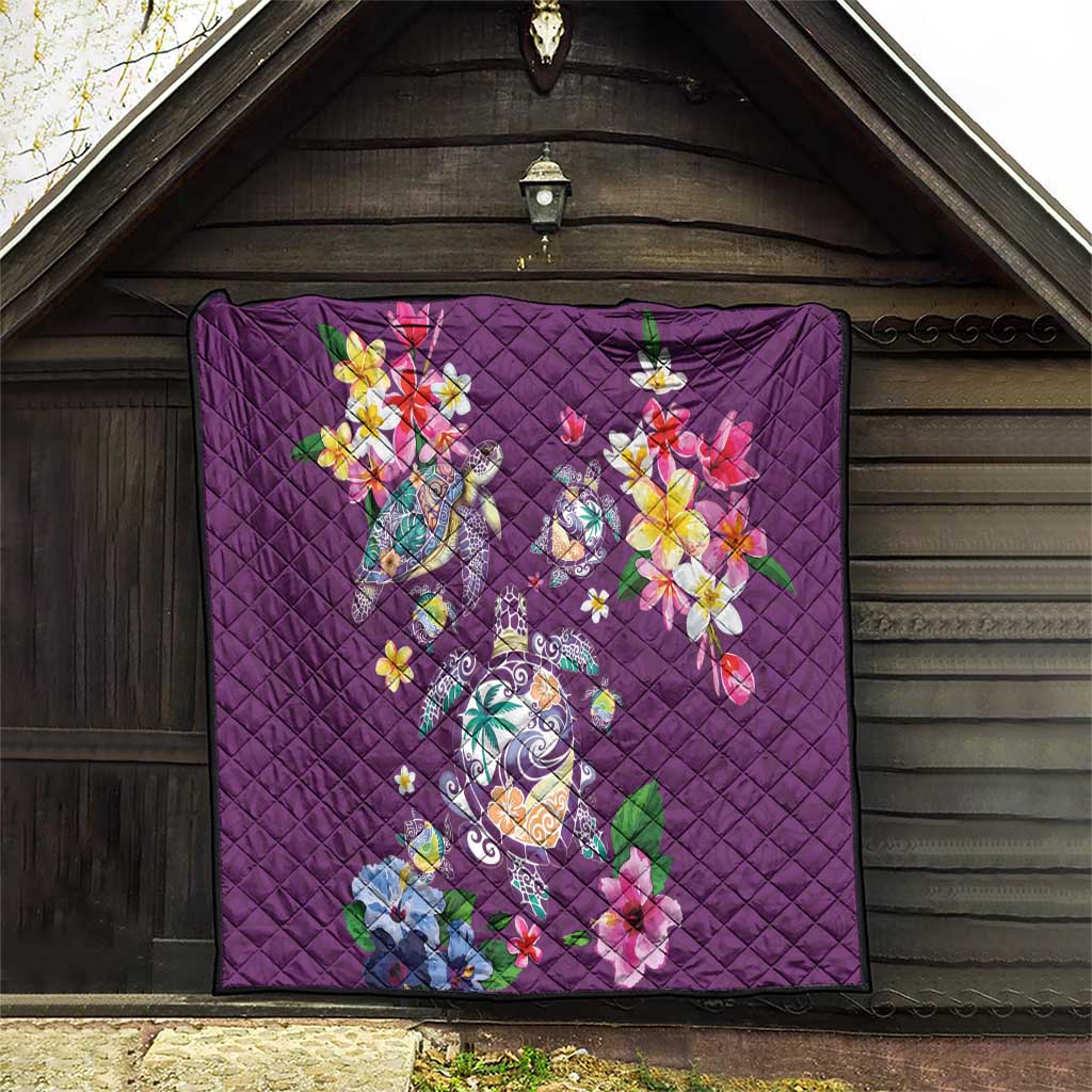 Hawaiian Turtles and Tropical Plants Quilt Purple Watercolor