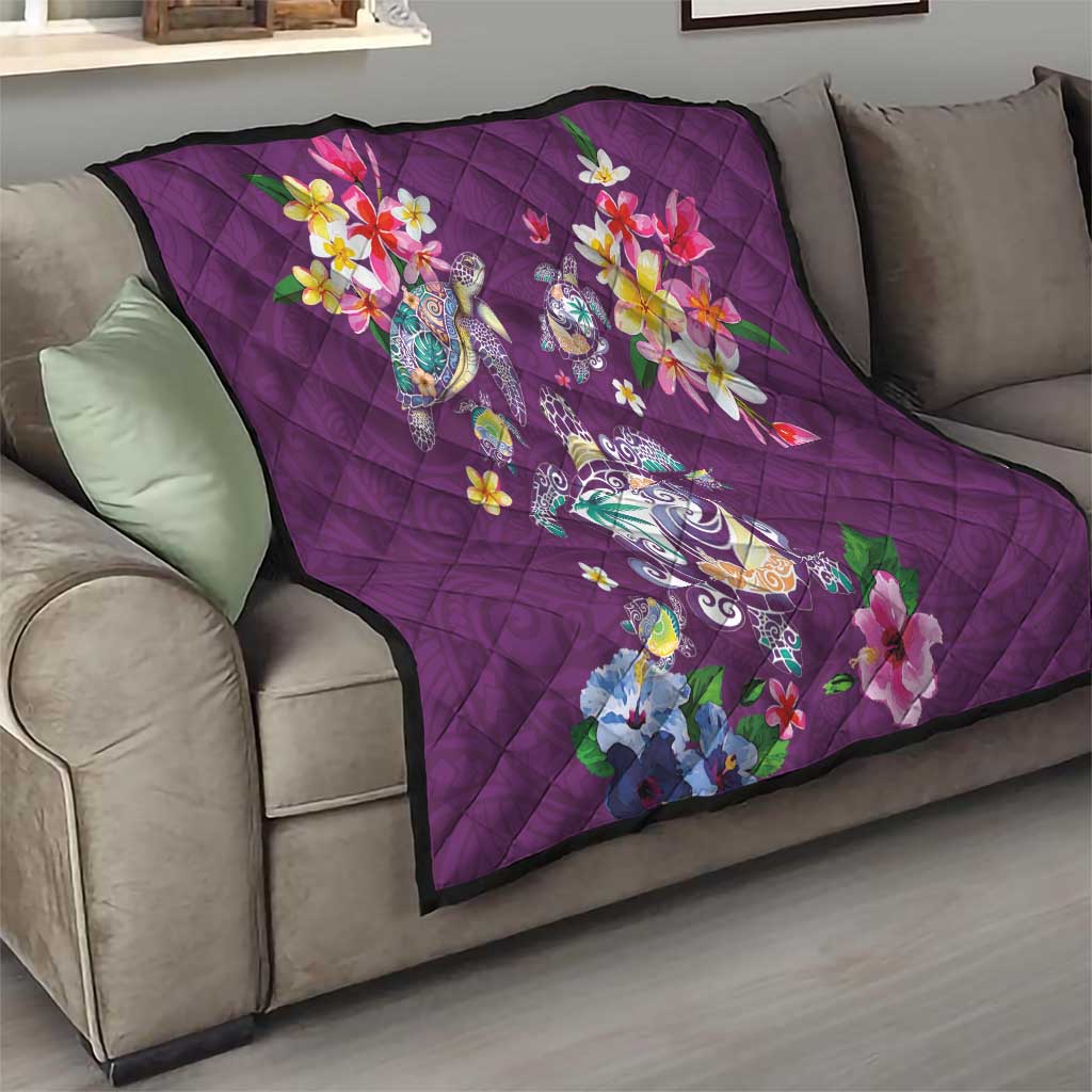 Hawaiian Turtles and Tropical Plants Quilt Purple Watercolor