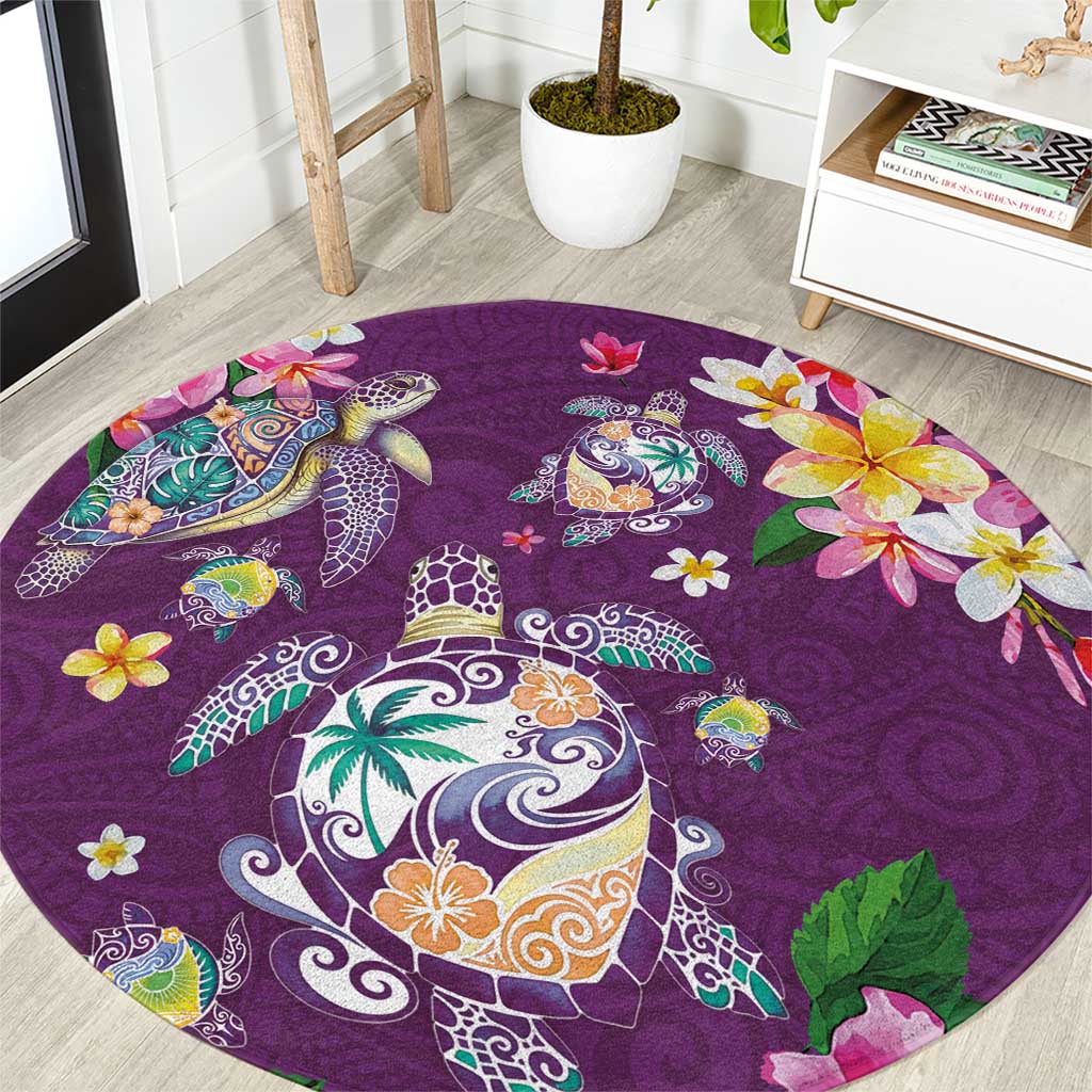Hawaiian Turtles and Tropical Plants Round Carpet Purple Watercolor