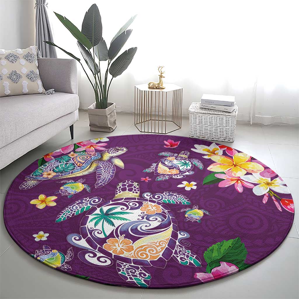 Hawaiian Turtles and Tropical Plants Round Carpet Purple Watercolor