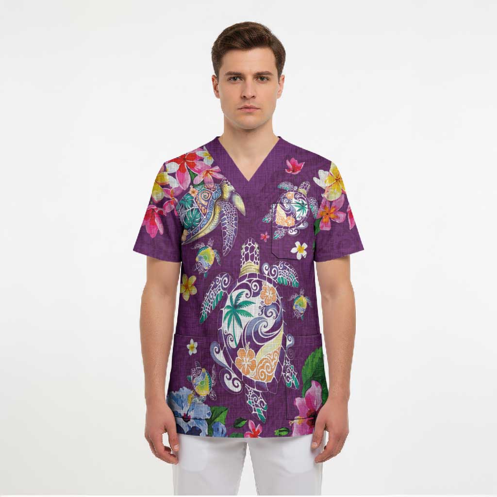 Hawaiian Turtles and Tropical Plants Scrub Top Purple Watercolor