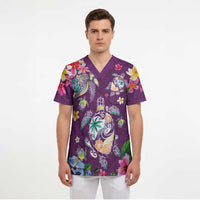 Hawaiian Turtles and Tropical Plants Scrub Top Purple Watercolor