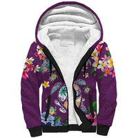 Hawaiian Turtles and Tropical Plants Sherpa Hoodie Purple Watercolor