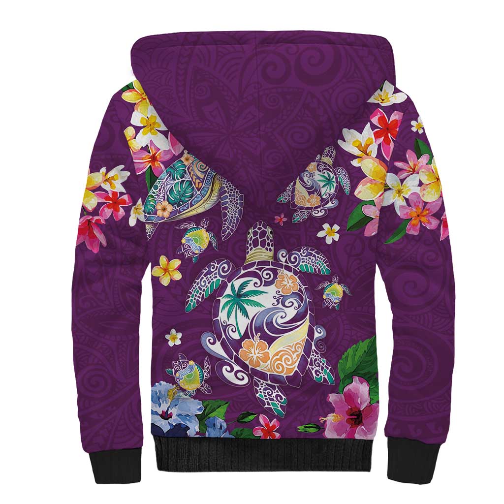 Hawaiian Turtles and Tropical Plants Sherpa Hoodie Purple Watercolor
