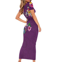 Hawaiian Turtles and Tropical Plants Short Sleeve Bodycon Dress Purple Watercolor
