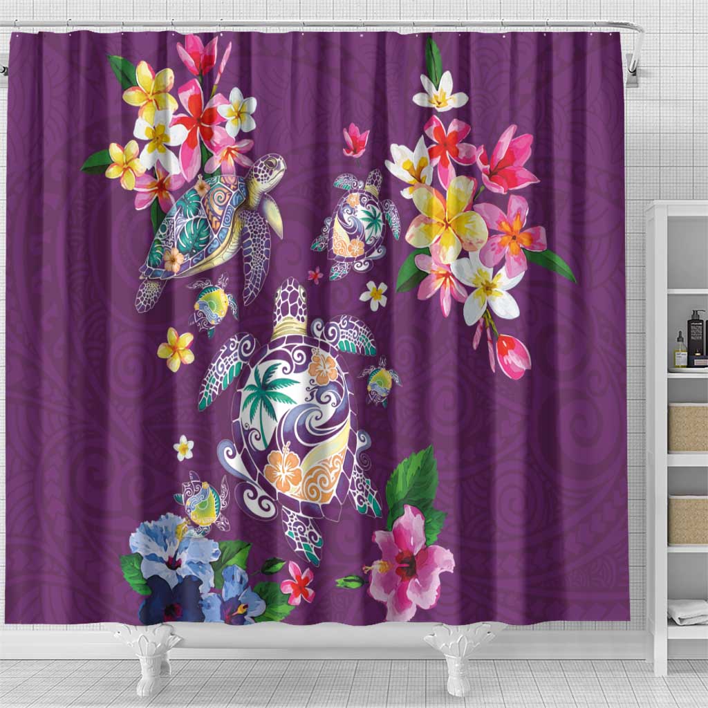 Hawaiian Turtles and Tropical Plants Shower Curtain Purple Watercolor