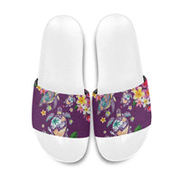 Hawaiian Turtles and Tropical Plants Slide Sandals Purple Watercolor