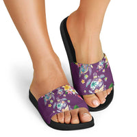 Hawaiian Turtles and Tropical Plants Slide Sandals Purple Watercolor