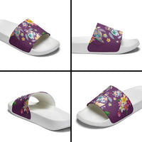 Hawaiian Turtles and Tropical Plants Slide Sandals Purple Watercolor