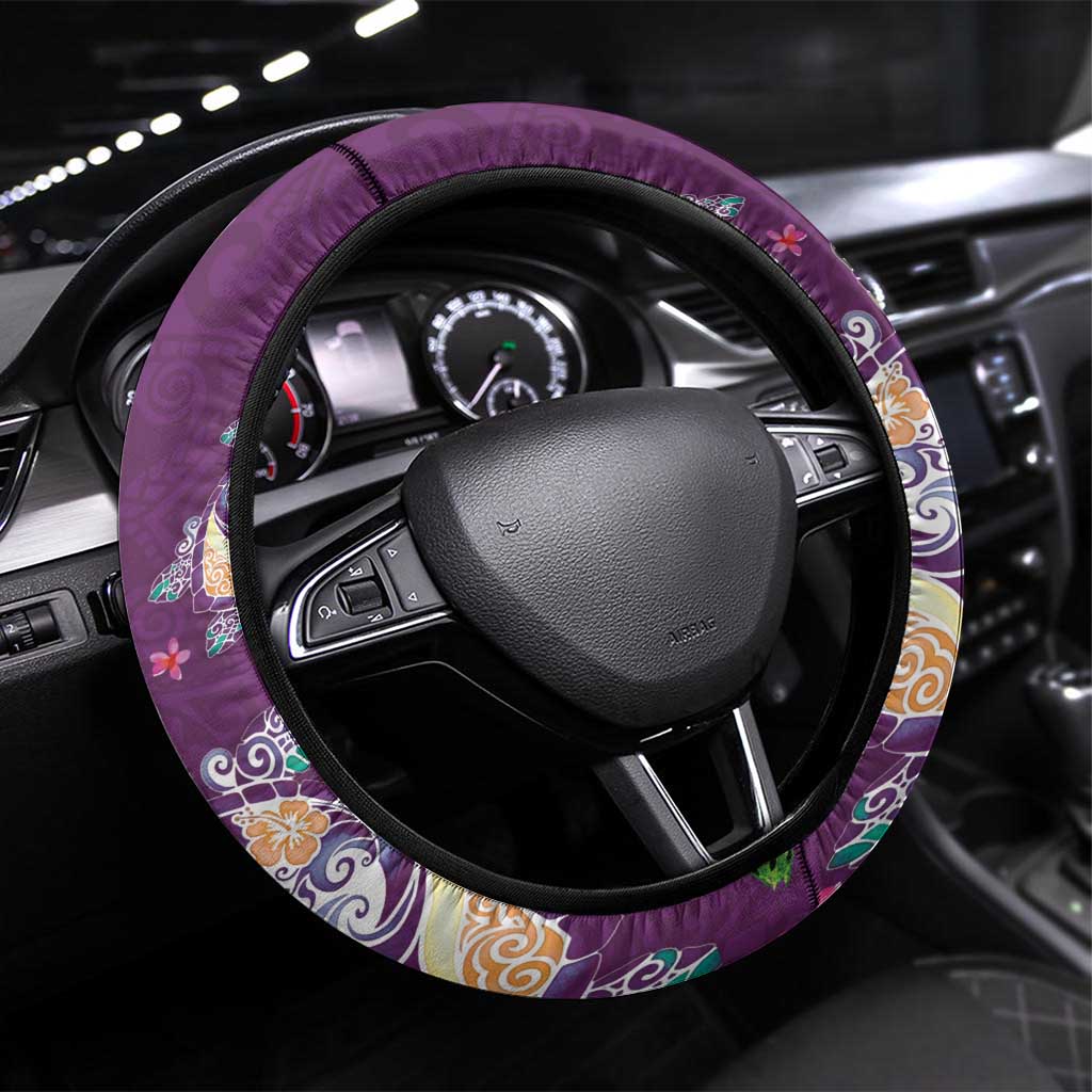 Hawaiian Turtles and Tropical Plants Steering Wheel Cover Purple Watercolor