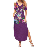 Hawaiian Turtles and Tropical Plants Summer Maxi Dress Purple Watercolor